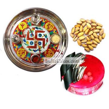Golden Thali With Red Design And Half Kg Eggless Strawberry Cake And 250 gms Pista Dryfruits