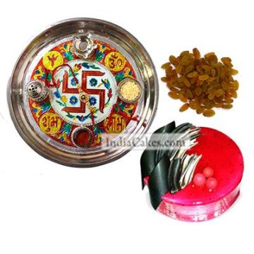 Golden Thali With Red Design And Half Kg Eggless Strawberry Cake And 250 gms Raisins Dryfruits