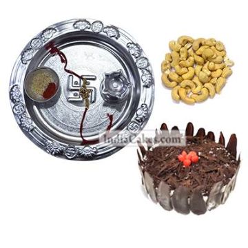 Silver Thali And Half Kg Eggless Black Forest Cake And 250 gms Cashew Dryfruits