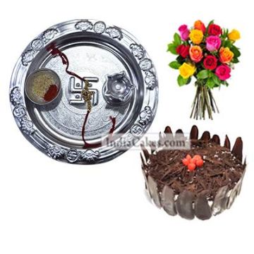 Silver Thali And Half Kg Eggless Black Forest Cake And 10 Mix Roses Bunch