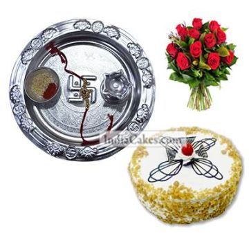 Silver Thali And Half Kg Eggless Butterscotch Cake And 10 Red Roses Bunch