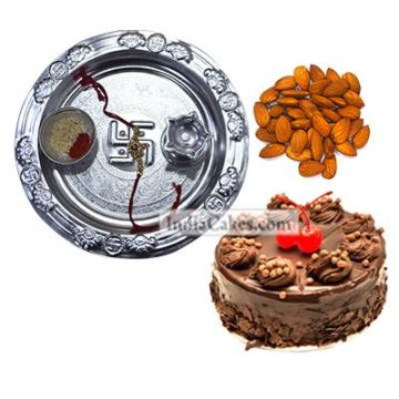 Silver Thali And Half Kg Eggless Chocolate Truffle Cake And 250 gms Almond Dryfruits