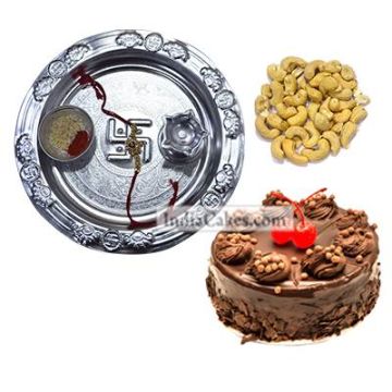 Silver Thali And Half Kg Eggless Chocolate Truffle Cake And 250 gms Cashew Dryfruits