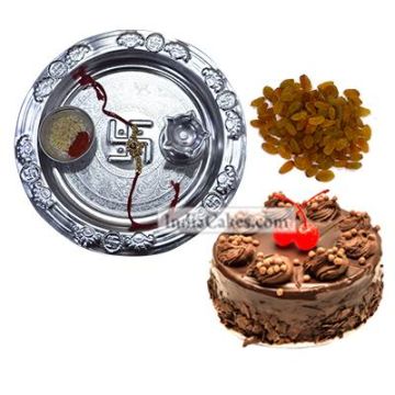 Silver Thali And Half Kg Eggless Chocolate Truffle Cake And 250 gms Raisins Dryfruits