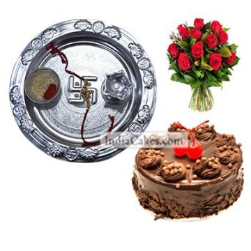 Silver Thali And Half Kg Eggless Chocolate Truffle Cake And 10 Red Roses Bunch