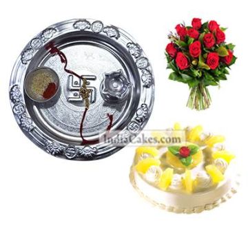 Silver Thali And Half Kg Eggless Pineapple Cake And 10 Red Roses Bunch