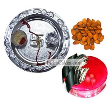 Silver Thali And Half Kg Eggless Strawberry Cake And 250 gms Almond Dryfruits