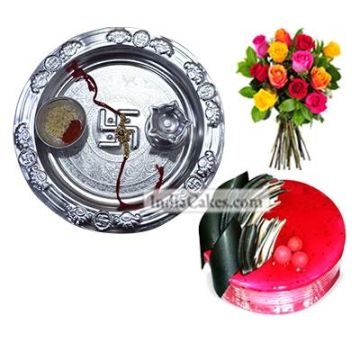Silver Thali And Half Kg Eggless Strawberry Cake And 10 Mix Roses Bunch