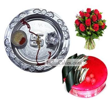 Silver Thali And Half Kg Eggless Strawberry Cake And 10 Red Roses Bunch