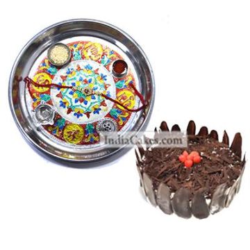 Silver Thali With Design And Half Kg Eggless Black Forest Cake