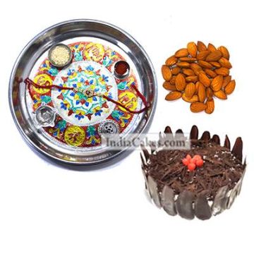 Silver Thali With Design And Half Kg Eggless Black Forest Cake And 250 gms Almond Dryfruits