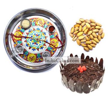 Silver Thali With Design And Half Kg Eggless Black Forest Cake And 250 gms Pista Dryfruits