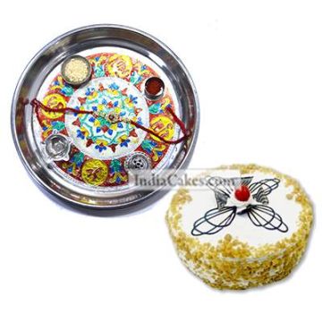 Silver Thali With Design And Half Kg Eggless Butterscotch Cake