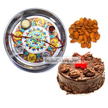 Silver Thali With Design And Half Kg Eggless Chocolate Truffle Cake And 250 gms Almond Dryfruits