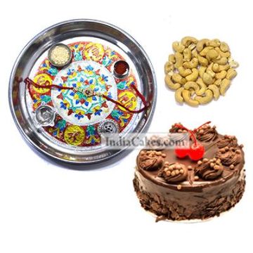 Silver Thali With Design And Half Kg Eggless Chocolate Truffle Cake And 250 gms Cashew Dryfruits