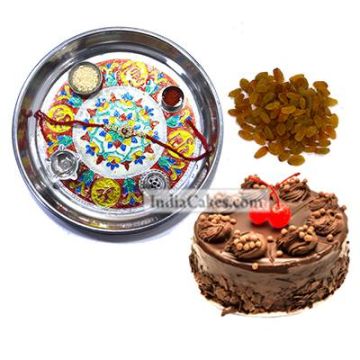 Silver Thali With Design And Half Kg Eggless Chocolate Truffle Cake And 250 gms Raisins Dryfruits