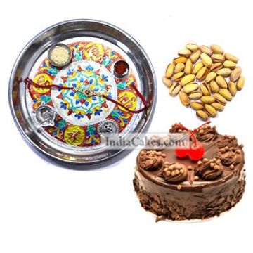 Silver Thali With Design And Half Kg Eggless Chocolate Truffle Cake And 250 gms Pista Dryfruits