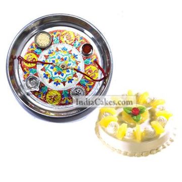 Silver Thali With Design And Half Kg Eggless Pineapple Cake