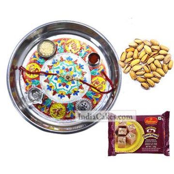 Silver Thali With Design And 250 gms Soanpapdi And 250 gms Pista Dryfruits - Courieredp