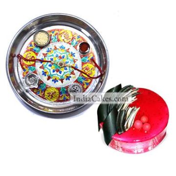 Silver Thali With Design And Half Kg Eggless Strawberry Cake