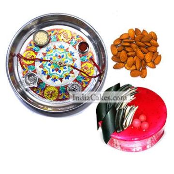 Silver Thali With Design And Half Kg Eggless Strawberry Cake And 250 gms Almond Dryfruits
