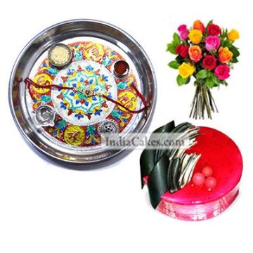 Silver Thali With Design And Half Kg Eggless Strawberry Cake And 10 Mix Roses Bunch - Courieredp