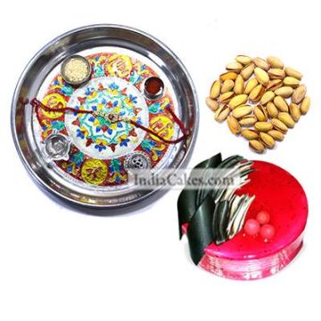 Silver Thali With Design And Half Kg Eggless Strawberry Cake And 250 gms Pista Dryfruits