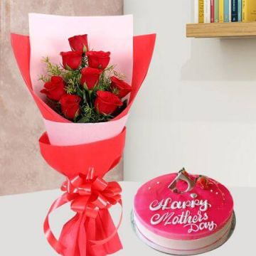 Strawberry Cake Half Kg with 6 Red Roses Bunch