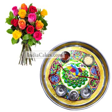 Golden Thali With Green Design and Mix Roses