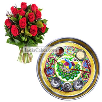 Golden Thali With Green Design And Red Roses
