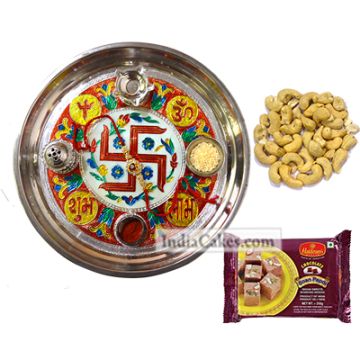 Golden Thali With Red Design And Soanpapdi And Cashew