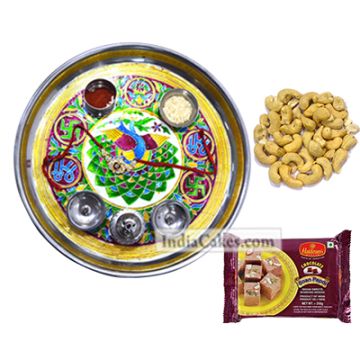 Golden Thali With Green Design And 250 gms Soanpapdi And 250 gms Cashew Dryfruits
