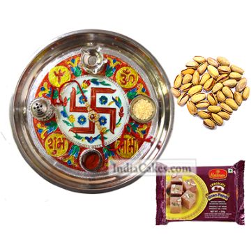 Golden Thali With Red Design And Soanpapdi And Pista
