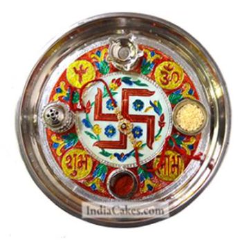 Golden Thali With Red Design