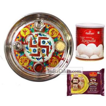 Golden Thali With Red Design And Rasgulla With Soanpapdi