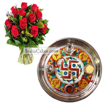 Golden Thali With Red Design And Red Roses