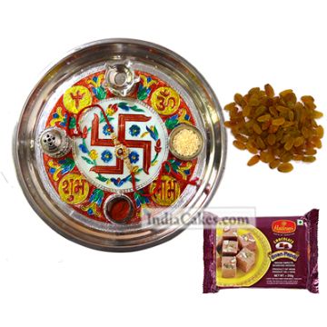 Golden Thali With Red Design And Soanpapdi And Raisins