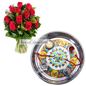 Silver Thali With Design And Red Roses