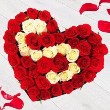 40 Red N White Roses Heart Shape Arrangement