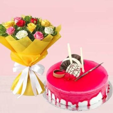 Eggless Strawberry Cake Half Kg with 12 Mix Roses Bunch
