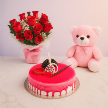 Half Kg Strawberry Cake-6 Red Roses Bunch-Teddy Bear