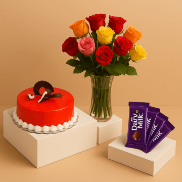 Half Kg Strawberry Cake-6 Mix Roses Bunch-5 Chocolates