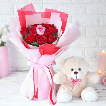 10 Roses with Soft Teddy