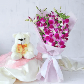 5 Fresh Orchids Bouquet with Teddy