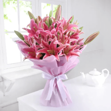 Bunch of 10 Pink Oriental Lilies in Tissue