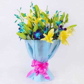 Divine Beauty of 6 Yellow Lilies and 6 Blue Orchids