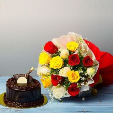 Eggless Divine Chocolate Truffle Cake Half Kgs with 6 Mix Roses Bunch