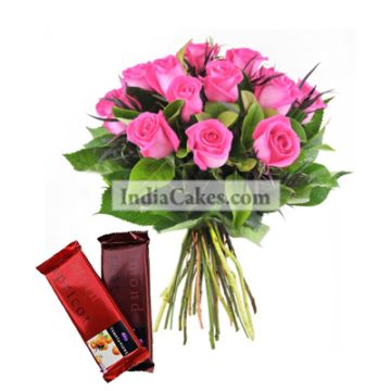 12 Pink Roses Bunch And 2 Cadbury Temptation