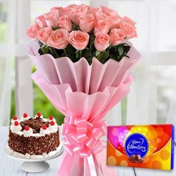 Half Kg Black Forest Cake with 6 Pink Roses Bouquet and Cadbury Celebration