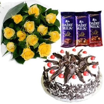 Half Kg Black Forest Cake with 6 Yellow Roses Bunch and 3 Cadbury Silk Chocolates